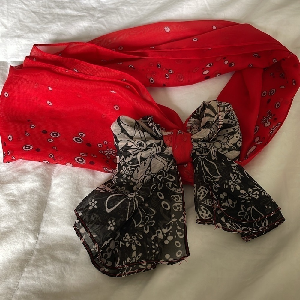 Beautiful Red|Black|Cream | Floral Neck /Hair Scarf | Polyester| 18.5” X 57 “ - Picture 9 of 12